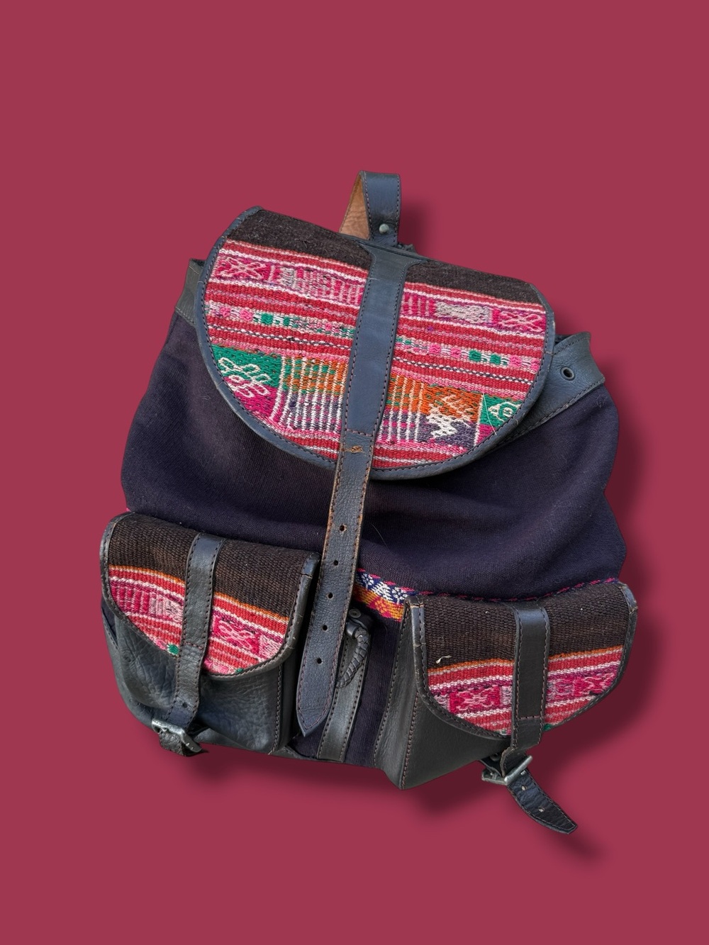 Boho Leather Backpack in dark navy with multicolor